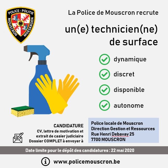 En vue de renforcer son #team logistique, la #policemouscron recrute un(e) technicien(ne) de surface pour des missions d'entretien des bâtiments (#mouscron #herseaux #dottignies) CDI mi-temps => buff.ly/2z8Gb51 <a href="/leforem/">Le Forem</a> <a href="/HurlusCommunity/">Hurlus Community</a>  #StayHomeSaveLives