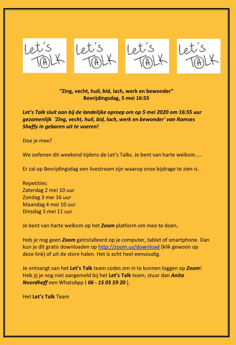ANoordhoff's tweet photo. @Comite4en5mei LetsTalk heeft geoefend en is er klaar voor: 5-5 om 5 voor 5 gebaren wij met #slechthorenden en #doven het ‘zing vecht huil bid lach werk bewonder’ met elkaar op ZOOM @claudiadebreij @NOS @inclusiened @cvinclusie https://t.co/VoehdIdP3m