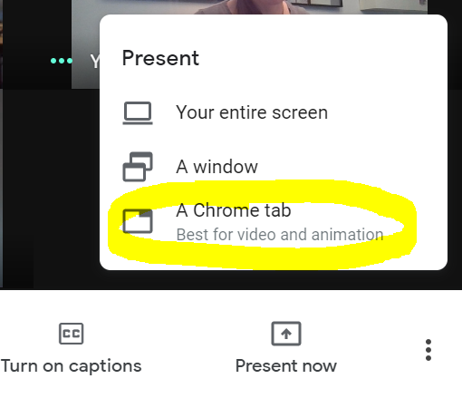 KatieUrsino's tweet photo. Google Meet Feature: Many teachers have been having issues with video sound during class time. Choose "A Chrome Tab" under the present menu to enable video and audio to flow through to your students. #BRingontheLearning #GoogleMeet #DistanceLearning https://t.co/cRoiQ4Mi1x