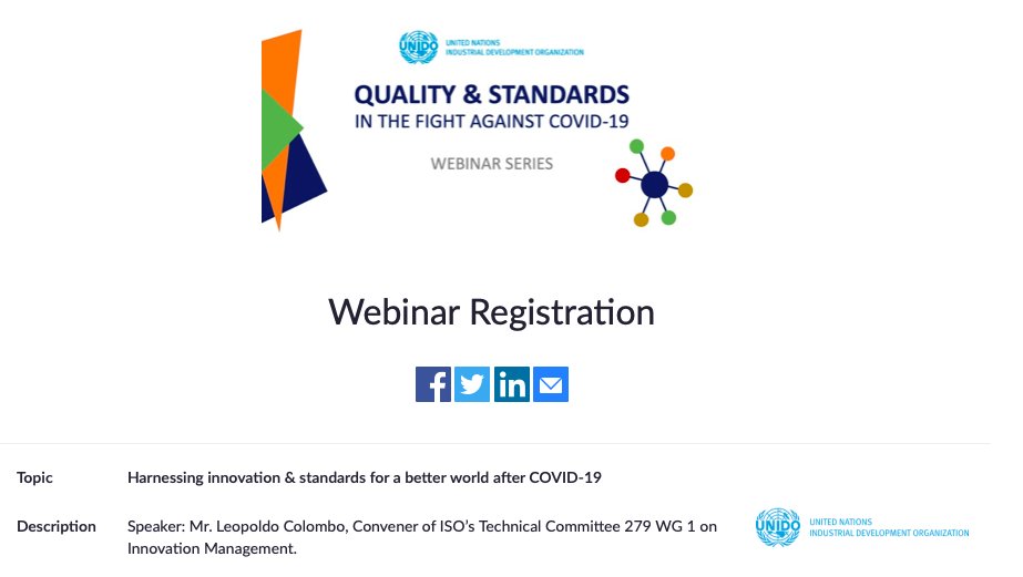 UNIDO_QI's tweet photo. Join us on 7 May (2pm CET) for our 5th #webinar 💻on harnessing #innovation & #standards for a better world 🌍after #COVID19. Register now 👉 https://t.co/ydyuBGs512. For more information, visit the #TIIKnowledgeHub: https://t.co/JxeWwBMWOb https://t.co/Yw47nMOpqo