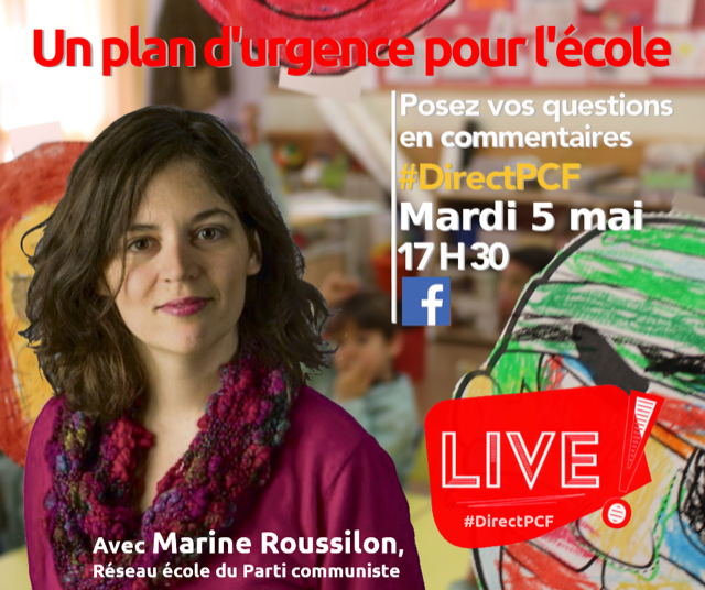 pauldevin59's tweet photo. Mardi 5 mai, 17h30
Un plan d'urgence pour l'éducation !
avec Marine Roussillon 
sur Facebook #DirectPCF
@marine_roussill https://t.co/q0L8bxKU8K