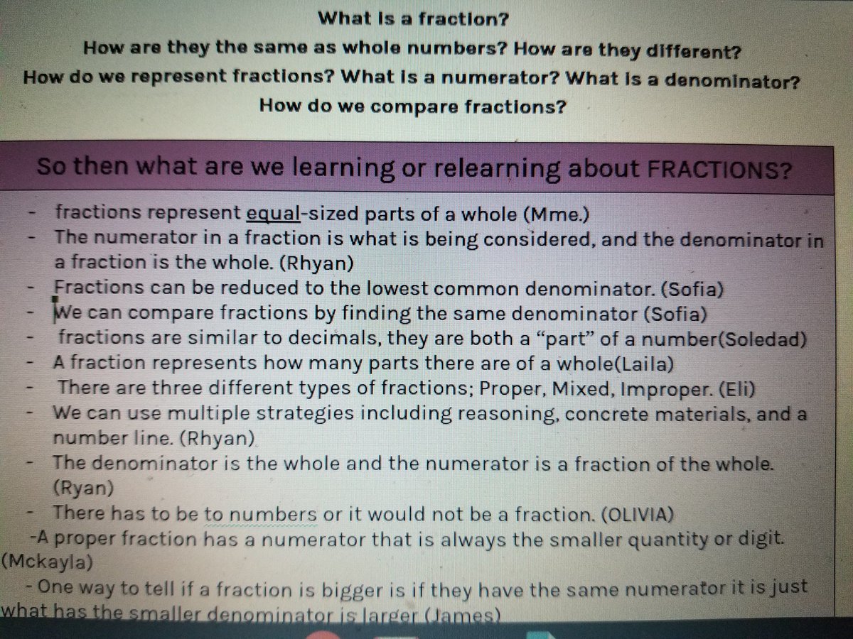 MmeForbes's tweet photo. Despite distance, my students call still share their understanding about fractions and help us create a learning summary. A lot of pride in our #mathtalk @GregoryHoganCS #sccdsb https://t.co/7XXK5a4o6z