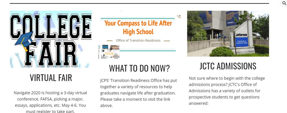 Ms_SRK's tweet photo. Visit the @JeffCoHS site to learn more about how to connect with JCTC Admissions Office and see what @JCPSKY Office of Transition Readiness has put together for seniors.

https://t.co/gcHaIcJOt3
 #WeAreJCPSAtHome #jcpsaic https://t.co/Osc3yMrnBc