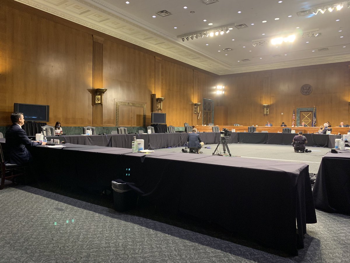 Today I’m a pool reporter at the Senate intelligence committee’s hearing to consider Texas Rep. John Ratcliffe as Director of National Intelligence. Hearing was gaveled open in the huge, almost empty room. Ratcliffe at far left in the photo and Burr, Warner at far right.