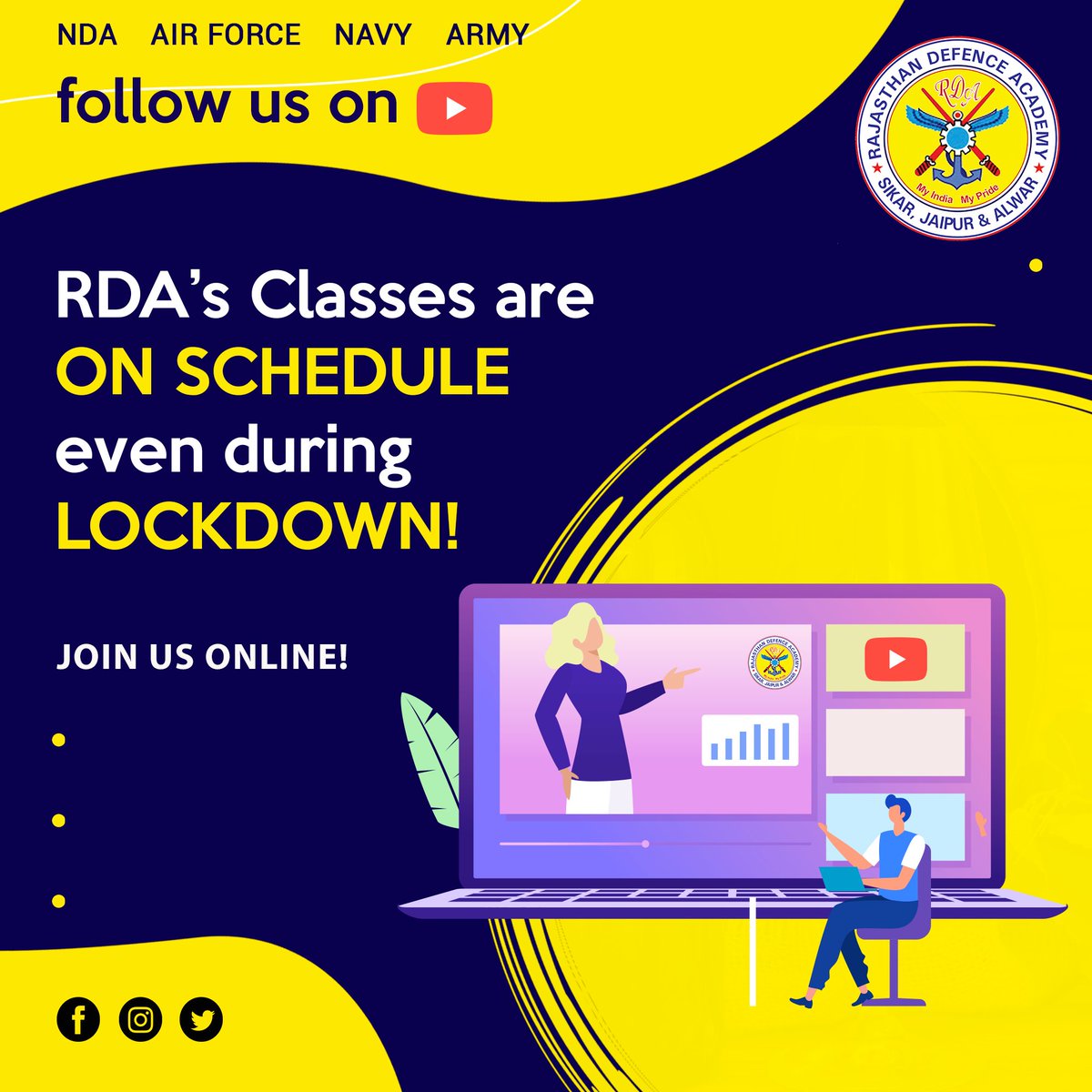 DefenceCollege's tweet photo. Non-stop RDA classes on our YouTube channel!
Subscribe now and learn online during this lockdown.
🛎 https://t.co/lreXRWKeKo

#RajasthanDefenceAcademy #NonstopClasses #StartPreparing #OnlineClasses #FightCorona #YouTubeClasses #TeachingOnline #lockdown #stopcorona #stopspreading https://t.co/CPt7Do3v8A