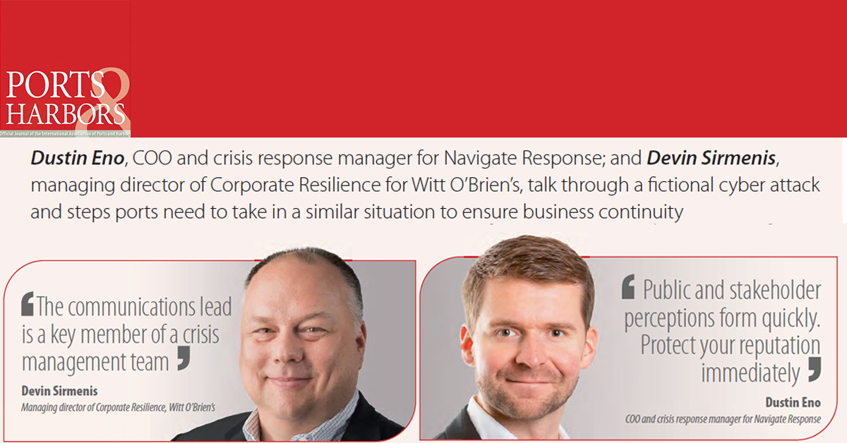What do you do when hackers attack your port’s business? Dustin Eno, COO, #NavigateResp &amp; Devin Sirmenis, managing director, #corporateresilience discuss steps #ports must take to ensure #businesscontinuity in the May/June issue of #PortsandHarbors #IAPH ow.ly/tGR930qDnxE