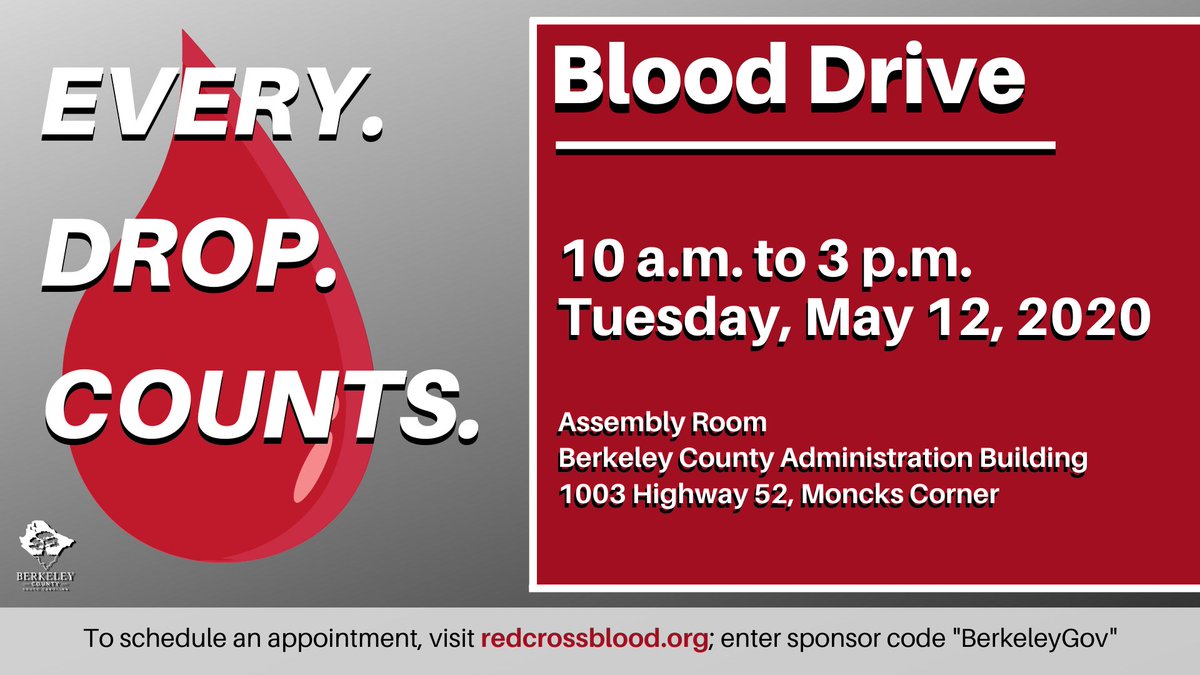 There is a dire need for blood right now. The #coronavirus is leaving hospitals short on critical needs, including blood. Consider donating during a blood drive #BerkeleyCounty is hosting May 12 with Red Cross. Visit redcrossblood.org to schedule an appointment. #chsnews