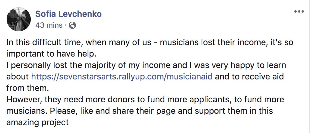 musicianaid's tweet photo. See Musician Aid recipient Sofia's urgent appeal below 👉10 days left and $32K to cover all the applicants! ⏰Giving Tuesday! Your donations to the musicians in need are 100% tax deductible! 💞 https://t.co/KYx05M0IL8

#givingtuesday #givingtuesdaynow #nextgengenerosity #younify https://t.co/HJlOG3tBBS