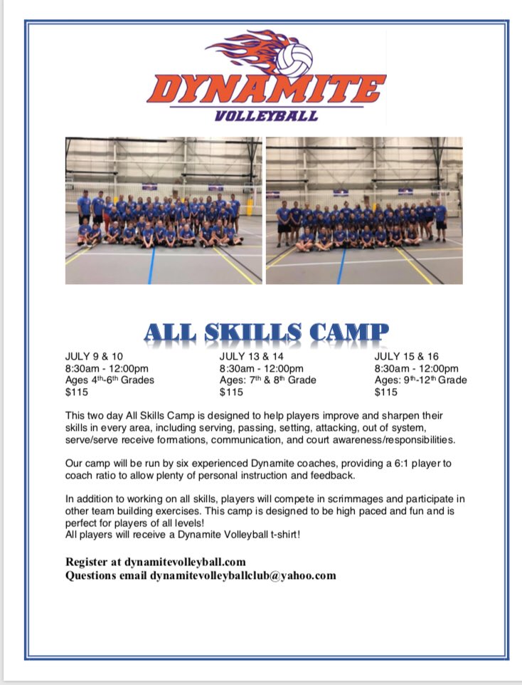 Excited to announce our 2020 summer 2 day all skills camp.  We have added another age group 4th-6th.  Sign up early because limited spots are available.  Register at dynamitevolleyball.com