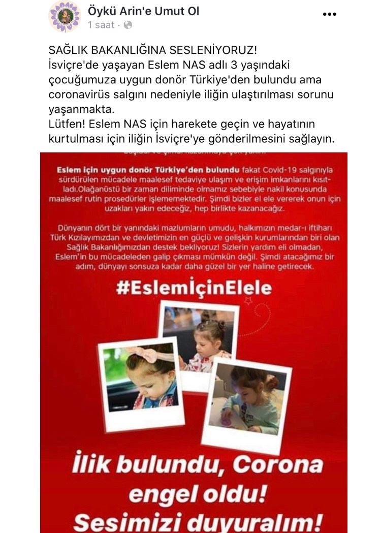 İsviçre de yaşayan 3 yaşındaki Eslem Nas için donör Türkiye’den bulundu ama ilik ulaştırılamıyor coronavirüs salgınından dolayı  lütfen yardımcı olun  
<a href="/saglikbakanligi/">T.C. Sağlık Bakanlığı</a>

<a href="/haluklevent/">Haluk Levent ( Ahbap Ekibi )</a>

@MajkaBosnaAnne

<a href="/oykuarineumutol/">Öykü Arin'e Umut Ol</a>

@ahbapacil

<a href="/drfahrettinkoca/">Dr. Fahrettin Koca</a>

<a href="/EylemSen/">Eylem Şen</a>