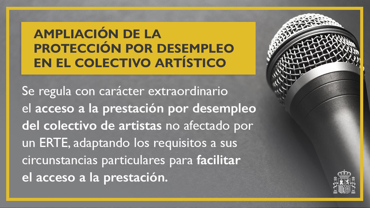 empleogob's tweet photo. ✅ El Consejo de Ministros ha aprobado hoy una batería de medidas para proteger al mundo de la cultura, a sus trabajadores y trabajadoras. Habilitamos una prestación por desempleo, por causa del #COVID19, en el colectivo de artistas.

#ProtegemosLaCultura https://t.co/8j26GsnpA9