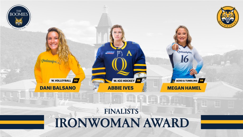 QUAthletics's tweet photo. 2020 Boomies | Ironwoman of the Year 

Finalists:
🔸 Dani Balsano
🔹 Abbie Ives
🔸 Megan Hamel

#BobcatNation | @QuinnipiacSAAC https://t.co/7cpnkE48CG