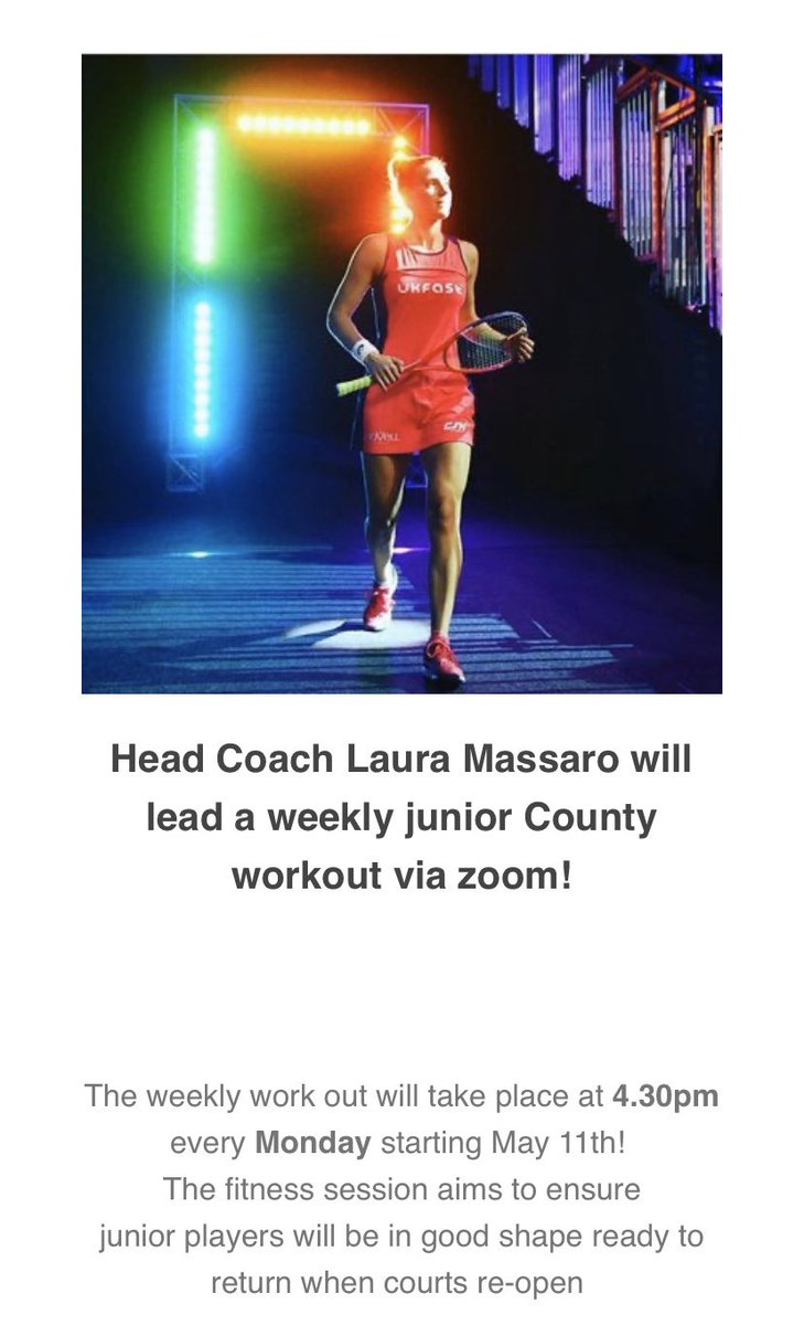 New weekly workout via zoom!!
Taking place 4.30pm every Monday starting May 11th! 💪🏼
The fitness session aims to ensure junior players will be in good shape ready to return when courts re-open!
Would love to see our juniors there! 🌹
#squash #squashathome #lancashire