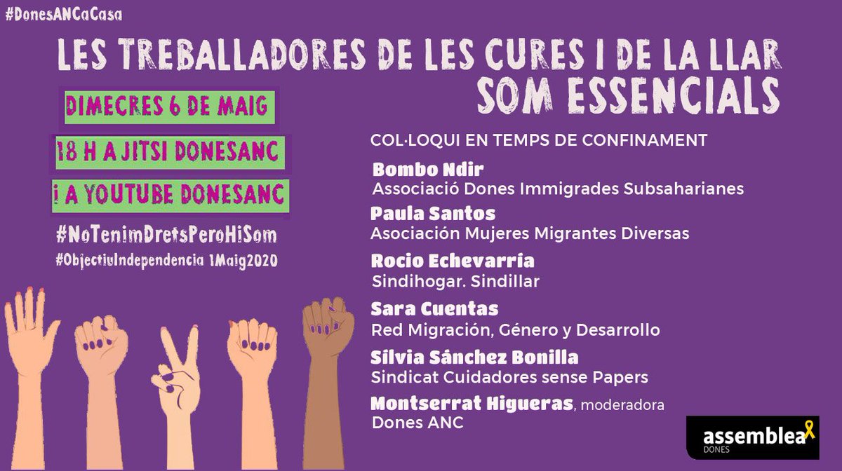 ANCDones's tweet photo. Són professionals i activistes pels drets de totes. Treballen per aconseguir la dignificació dels treballs de cura i de la llar.
Quines iniciatives col·lectives tenen obertes per sobreviure a l'emergència social accentuada amb la #covid19?
#dretsxtotes
#regularitzacióARA https://t.co/38kL7lCxeT