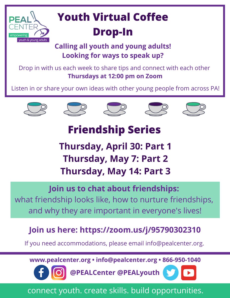 pealyouth's tweet photo. Youth Virtual Coffee Drop-In Friendship Series
Thursday, May 7: Part 2 and Thursday, May 14: Part 3

Join us to chat about friendships: what friendship looks like, how to nurture friendships, and why they are important in everyone's lives!

Join us: https://t.co/NHPiZFggcV https://t.co/4CYbOCg9Cg