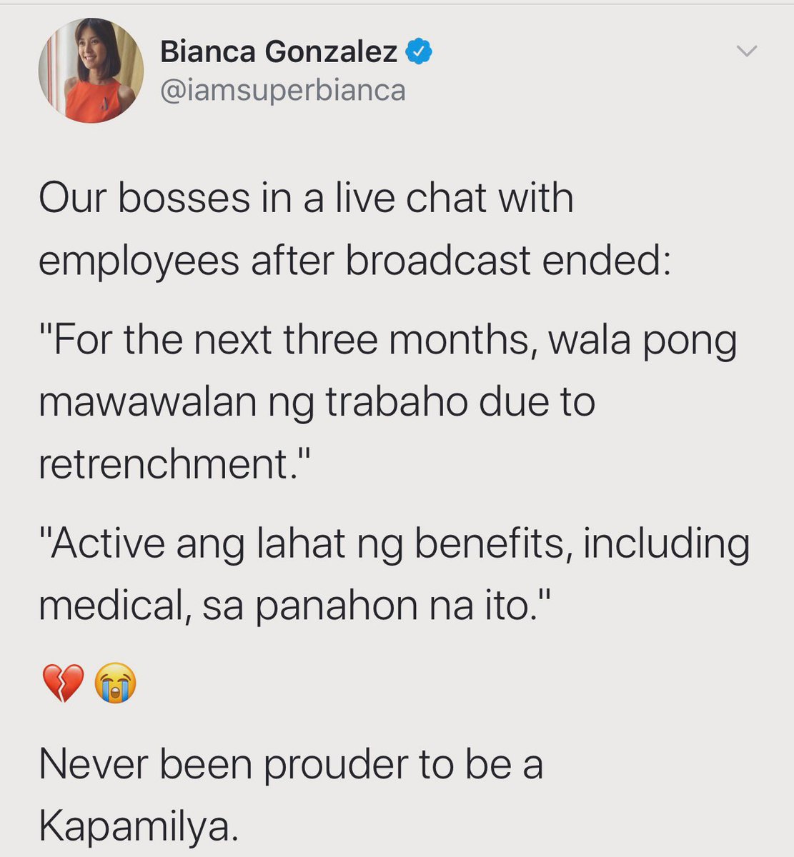 TristanNodalo's tweet photo. LOOK: What will happen to ABS-CBN employees after the NTC has ordered the suspension of its operations? TV host Bianca Gonzalez shared in a tweet that Kapamilya bosses assured workers that they will not lose their jobs and benefits for the next three months. @cnnphilippines https://t.co/Zvx3w0jtpR