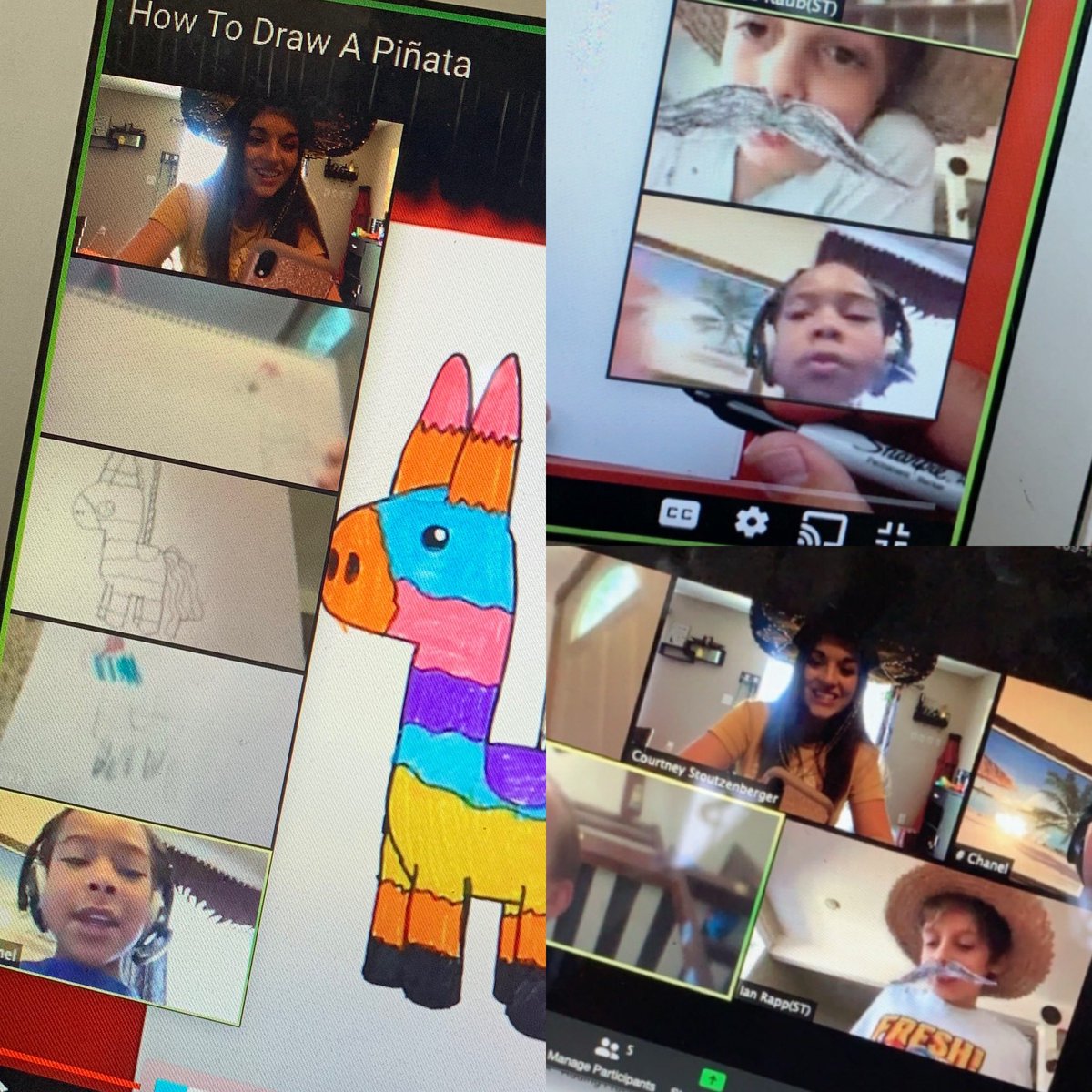 Stoutzenheroes's tweet photo. Our Cinco de Mayo zoom celebration was a success! We learned how to draw a piñata and one of our friends even dressed up by making his own mustache! 🌮 Happy Tuesday friends!  🌵 #virtuallearning #VirtualCelebration https://t.co/fx37FSM70F