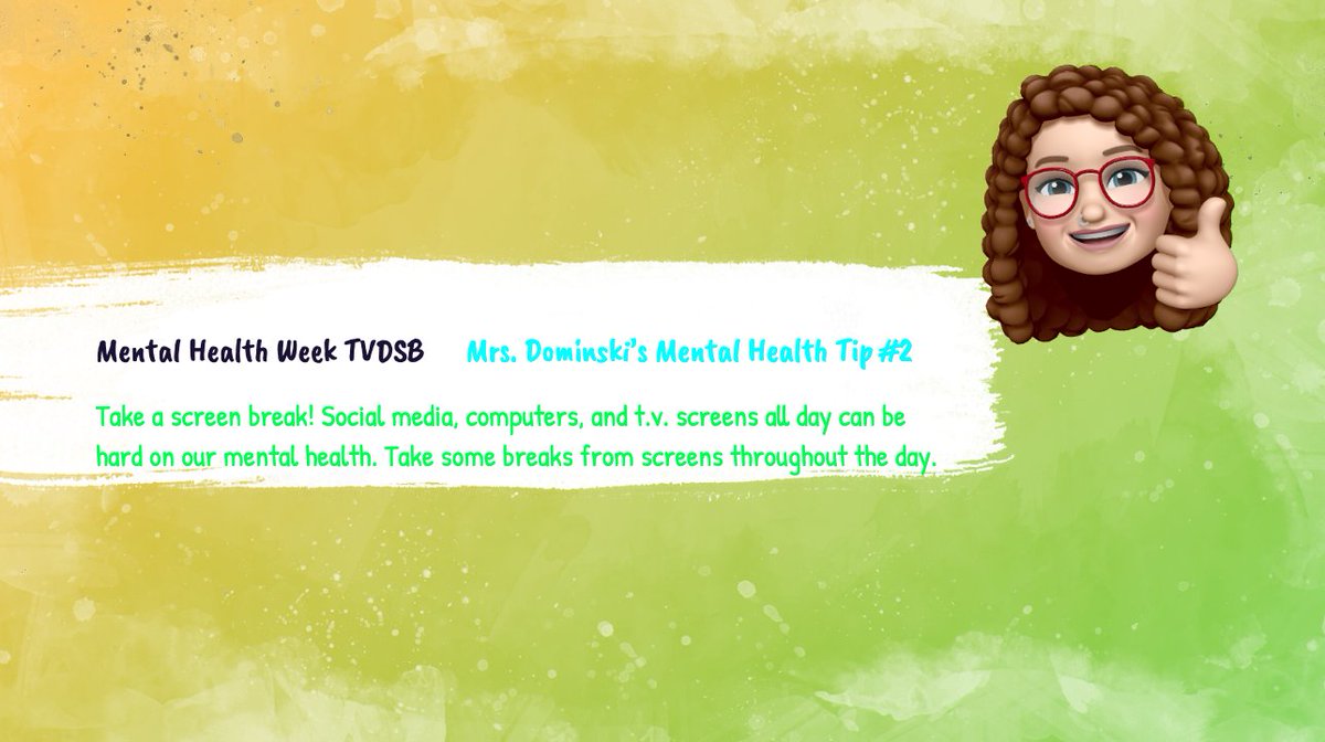SarahDominski1's tweet photo. I'm posting daily #MentalHealthWeek tips in my Google Classrooms alongside the link to the @TVDSB webpage. Between my favourite stress-buster strategies and those on the board website, I'm hoping to give me Ss plenty of strategies to try out. @bantingbroncos https://t.co/l54GwbPFZr