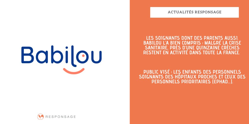 🗣 Les clients de Responsage au rendez-vous :

Babilou  met à disposition une partie de ses crèches afin d’accueillir les enfants de soignants partout en France.

👉🏼 bit.ly/35jWHLy