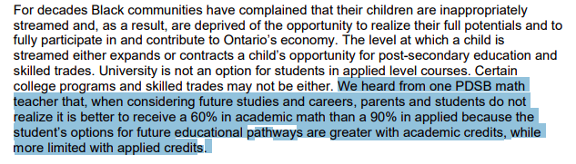 MsHBamford's tweet photo. Rereading the #PDSB #AntiBlackRacism #MinistryReview and this statement continues to bother me.

Being mis-tracked because your abilities are perceived to be less than they are based on your race is a travesty and MUST be addressed. 1/10 https://t.co/WNjwVrHVhj