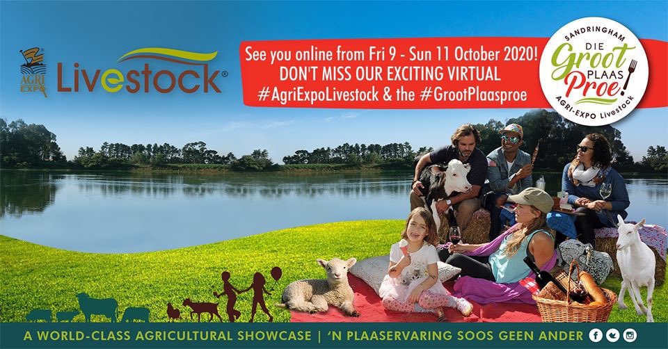 #AgriExpoLivestock &amp; #GrootPlaasproe vanjaar virtueel aangebied vanaf Vry 9 - Son 11 Okt
Lees bit.ly/2W9UvDr
Volledige program sal op livestock.org.za &amp; diegrootplaasproe.co.za aangekondig word. Meer inligting, kontak Agri-Expo 021 975 4440 / admin@agriexpo.co.za.