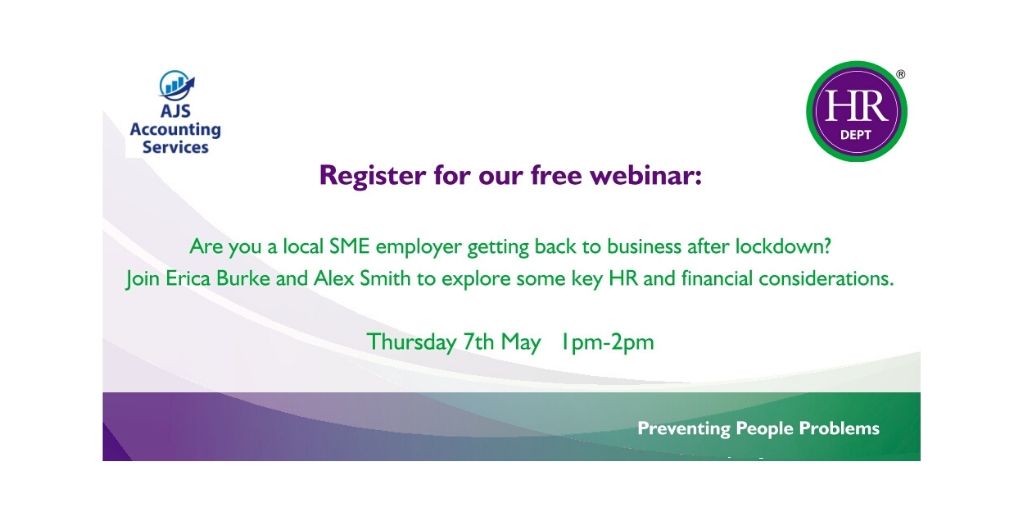 hrdept_erica's tweet photo. Are you a local SME employer?

We are @HRDeptSolihull &amp; @ajsaccounting
 hosting a free webinar which aims to provide advice &amp;tips on some of the short&amp; long term issues facing SME employers as we come out of lockdown. Join us

https://t.co/WaMnHd5gnb
#SolihullUpdates #SolihullBID https://t.co/uBb0Pe9bng