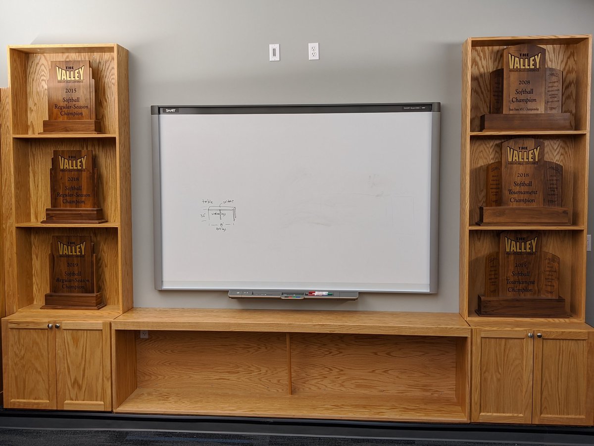 DrakeEventStaff's tweet photo. Check out the Softball Locker room remodel! Walls were removed to provide an open concept. New bathroom, carpet, lighting, smart board, and trophy case! https://t.co/6E4GoN1sgb