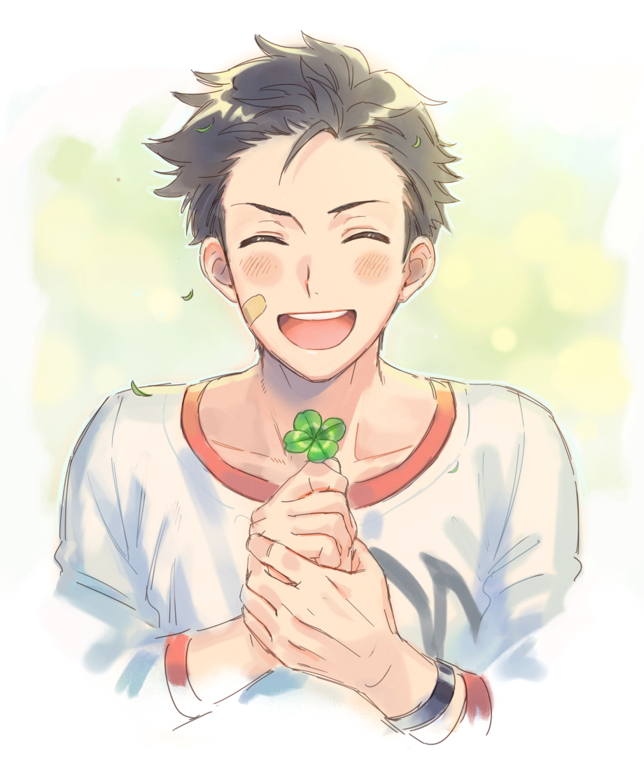 1boy male focus clover closed eyes four-leaf clover smile solo  illustration images