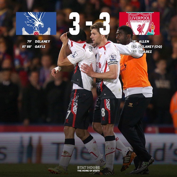 Stat_House's tweet photo. 🔙| On this day back in 2014, Crystal Palace came back from 0-3 and ended Liverpool’s chances of winning their first Premier League title ❌ https://t.co/uJXKcwnggr