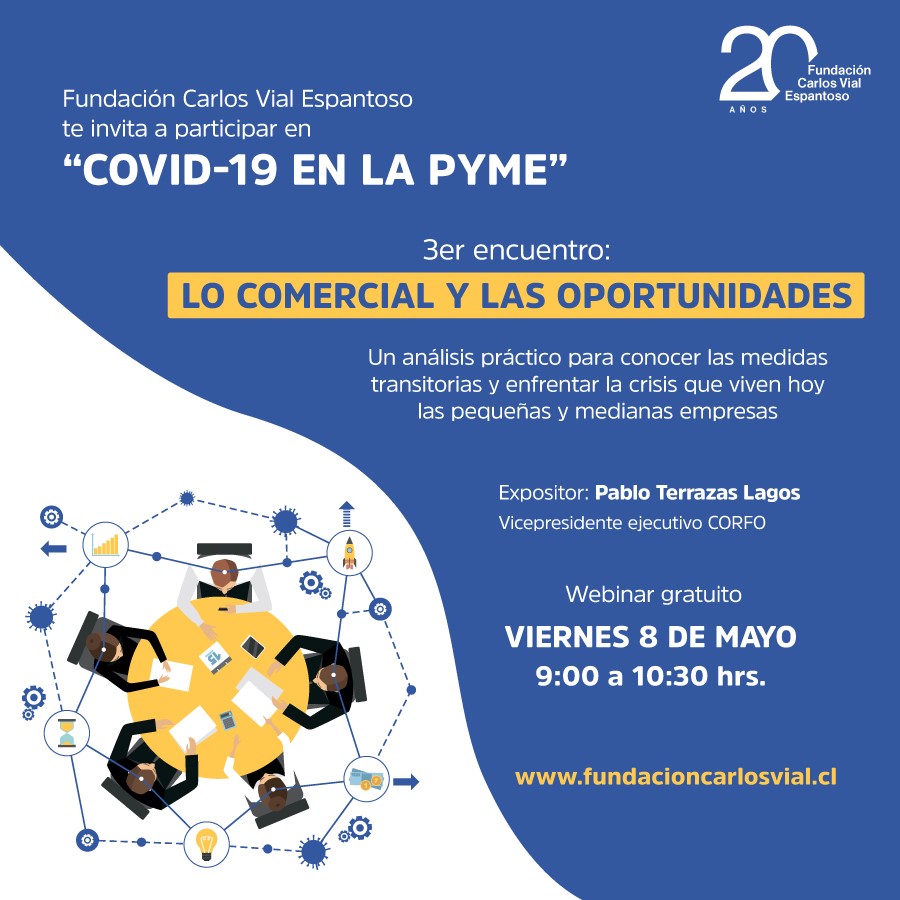 Charla "Lo Comercial y las Oportunidades" análisis de las medidas transitorias que viven hoy las Pymes para enfrentar al coronavirus. Inscríbete en fundacioncarlosvial.cl/covid-19-en-la… te esperamos junto a @corfoloslagos y <a href="/PabloterrazasL/">Pablo Terrazas</a> el viernes 8 de mayo a las 09:00 hrs #CorfoContigo