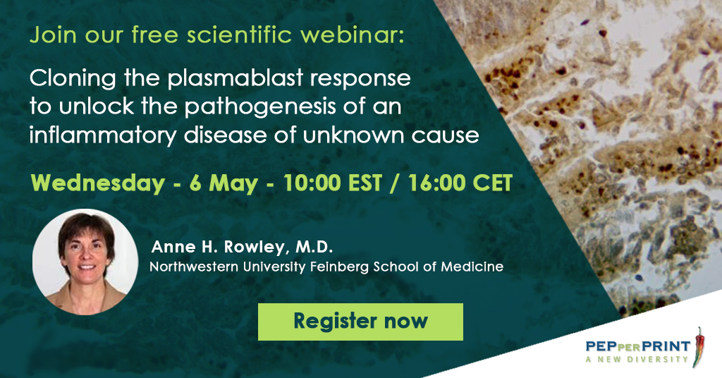 PEPperCHIP's tweet image. Join our free #webinar tomorrow, May 6. Dr. Rowley will talk about their latest research on #KawasakiDisease, and how they used #PeptideMicroarrays to screen disease-specific antigenic targets and characterize #antibody responses. Registrations still open: register.gotowebinar.com/register/37170…
