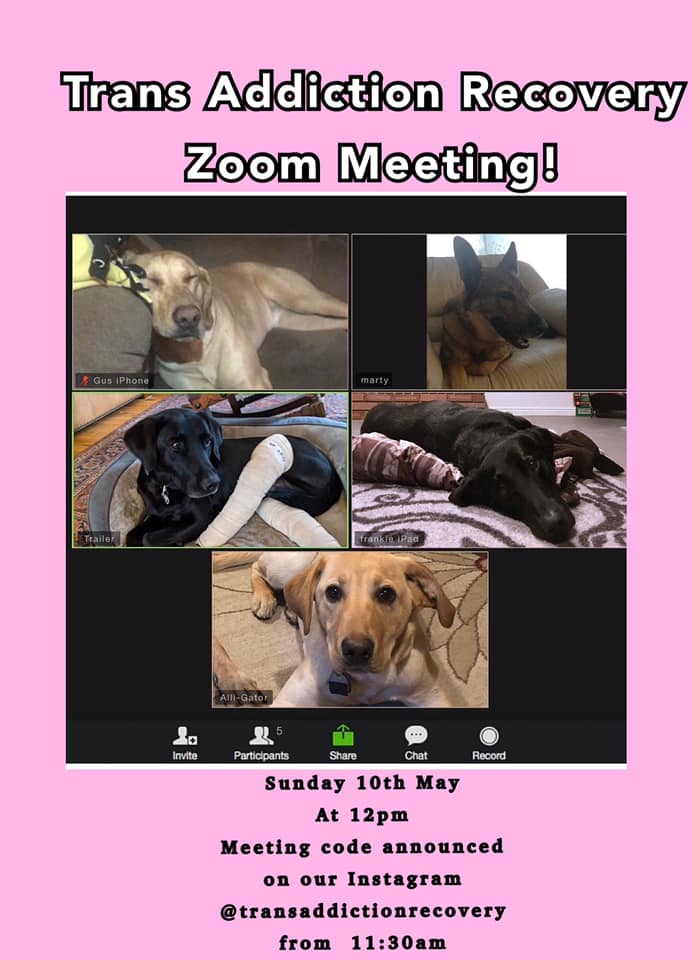 RecoveryTrans's tweet photo. Hi everyone! 
 Please join us for our next online recovery meeting via the Zoom app on Sunday, 10th May from 12pm-1pm.
 Meeting code announced on our Instagram page (@transaddictionrecovery) at 11:30am. Hope to see you there! 🏳️‍⚧️ #Transgender #AddictionRecovery #support #nb https://t.co/iMRD4JSF8u
