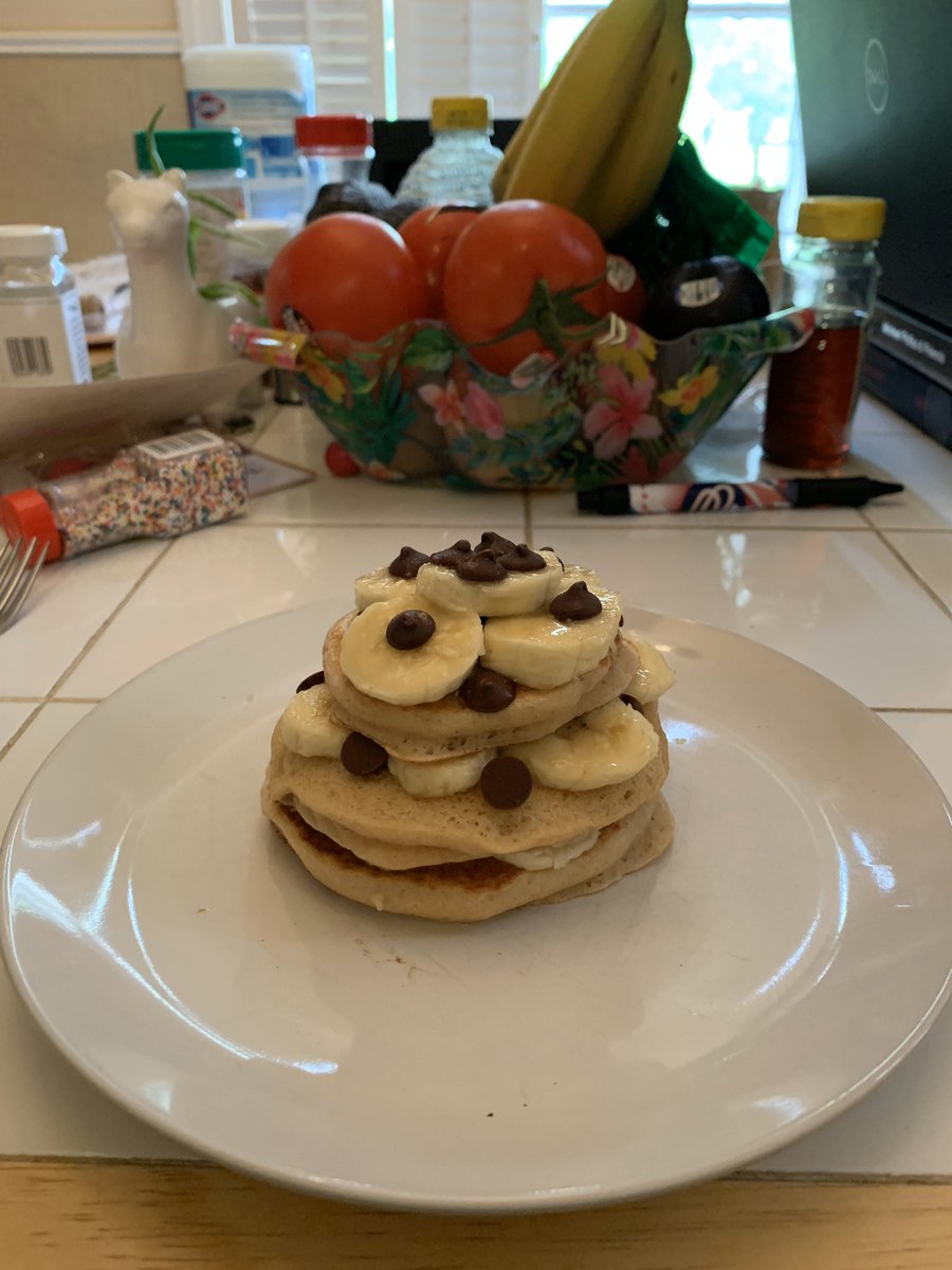 These are banana chocolate chip pancakes because I was too lazy this morning to cut up a strawberry