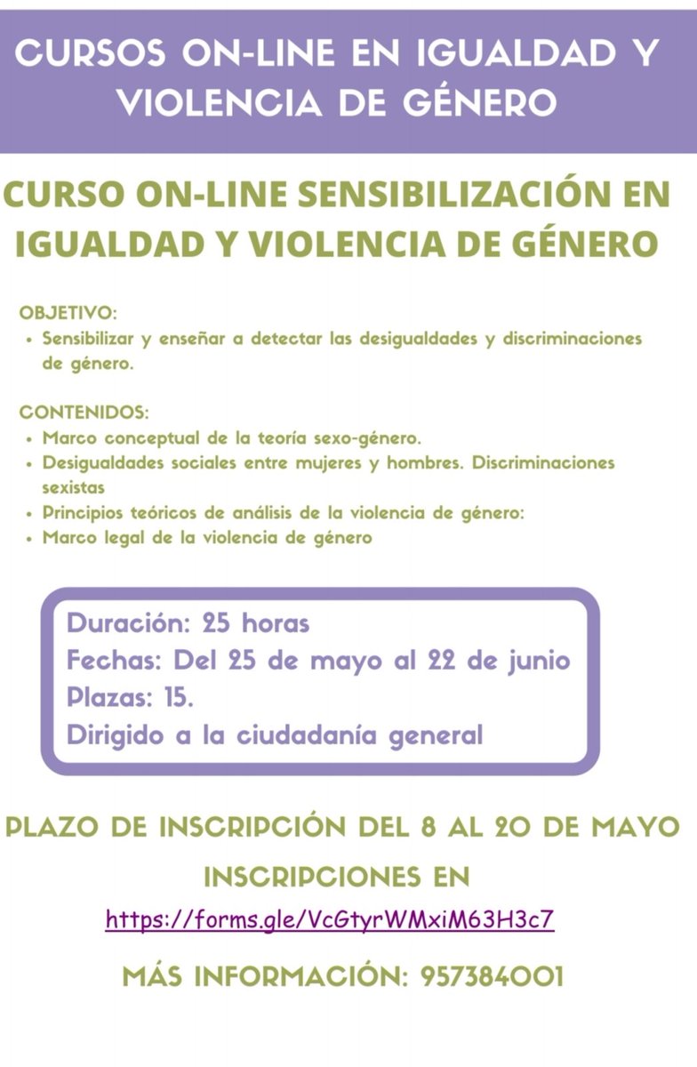 Montemayor_Co's tweet photo. 📣FORMACIÓN ONLINE IGUALDAD Y VIOLENCIA DE GÉNERO

📆Inscripciones del 8 al 20 de Mayo
🔎PLAZAS LIMITADAS

👇👇Inscríbete en 👇👇👇
https://t.co/s2tFWIX0Vd

#MontemayorEnIgualdad #Formación #NiUnaMenos https://t.co/4maJjyUx6m