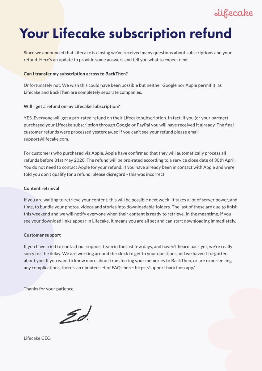 An update on your Lifecake subscription refund