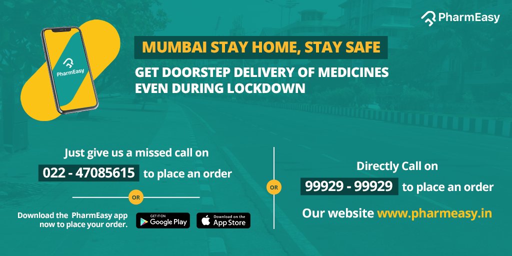 pharmeasyapp's tweet image. Mumbaikars, we're just a call away! Standing for each other is the need of the hour. So, on special request by 
@AUThackeray , we started with the #MissedCallService in Worli &amp;amp; are now covering Mumbai too. Give a missed call &amp;amp; get your medicines delivered.

@CMOMaharashtra @mybmc