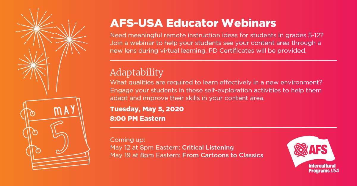 AFS, the student exchange organization has stepped up their game and are offering several webinars with lesson plans to educators for free! afsusa.zoom.us/webinar/regist…   You can register for one or all.  
#education 
#lessonplans
#crossculturallearning
#shareculture