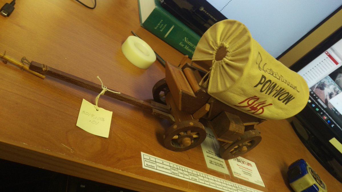 RenoCoMuseum's tweet photo. Artifact of the Day!

This covered wagon was donated by Sharon DeVault. Her aunt Mary Jones was crowned queen of the Diamond Pow-Wow in 1946. Sharon also donated the outfits her aunt wore at the event, along with many photos and newspaper clippings of the event. Thank you Sharon! https://t.co/bBFzENgm72