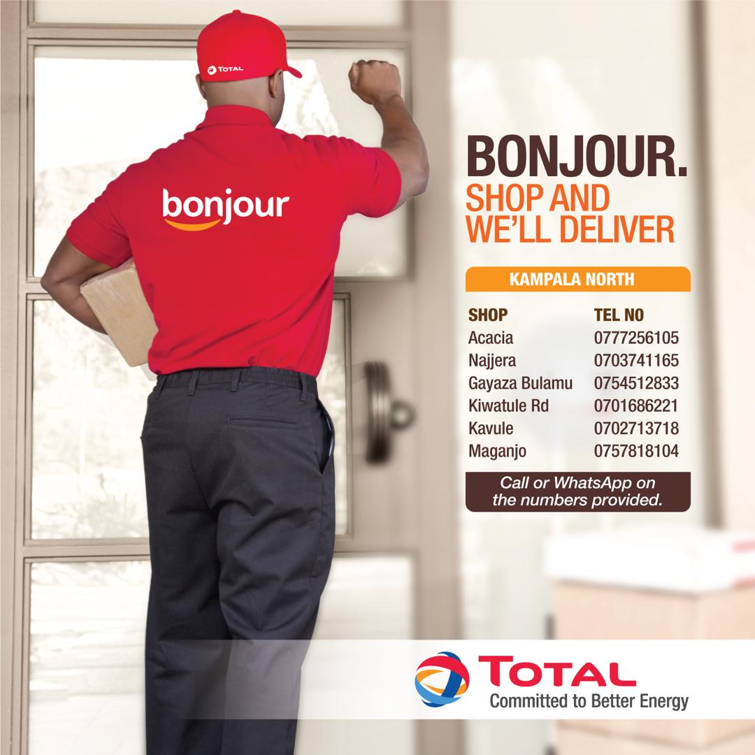 TotalEnergiesUG's tweet photo. Need to stock up groceries, drinks, snacks & other household items? TOTAL has got you covered with doorstep delivery from our Bonjour shops.
👉Make a shopping list
👉Call a #TOTALShop nearest to you
👉 Payment can be through mobile money or cash on delivery
#STAYSAFEUG https://t.co/4ImCuV1Tlb