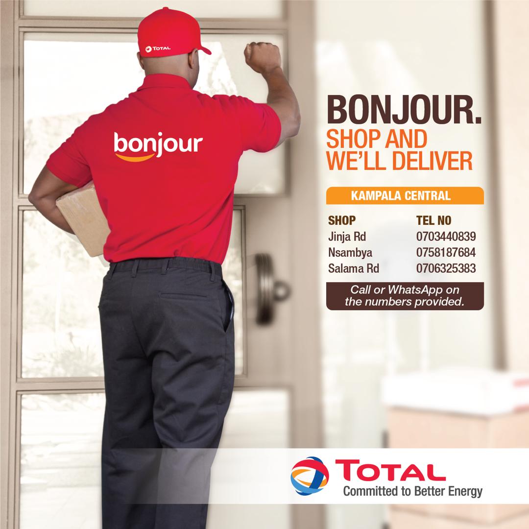 TotalEnergiesUG's tweet photo. Need to stock up groceries, drinks, snacks & other household items? TOTAL has got you covered with doorstep delivery from our Bonjour shops.
👉Make a shopping list
👉Call a #TOTALShop nearest to you
👉 Payment can be through mobile money or cash on delivery
#STAYSAFEUG https://t.co/4ImCuV1Tlb