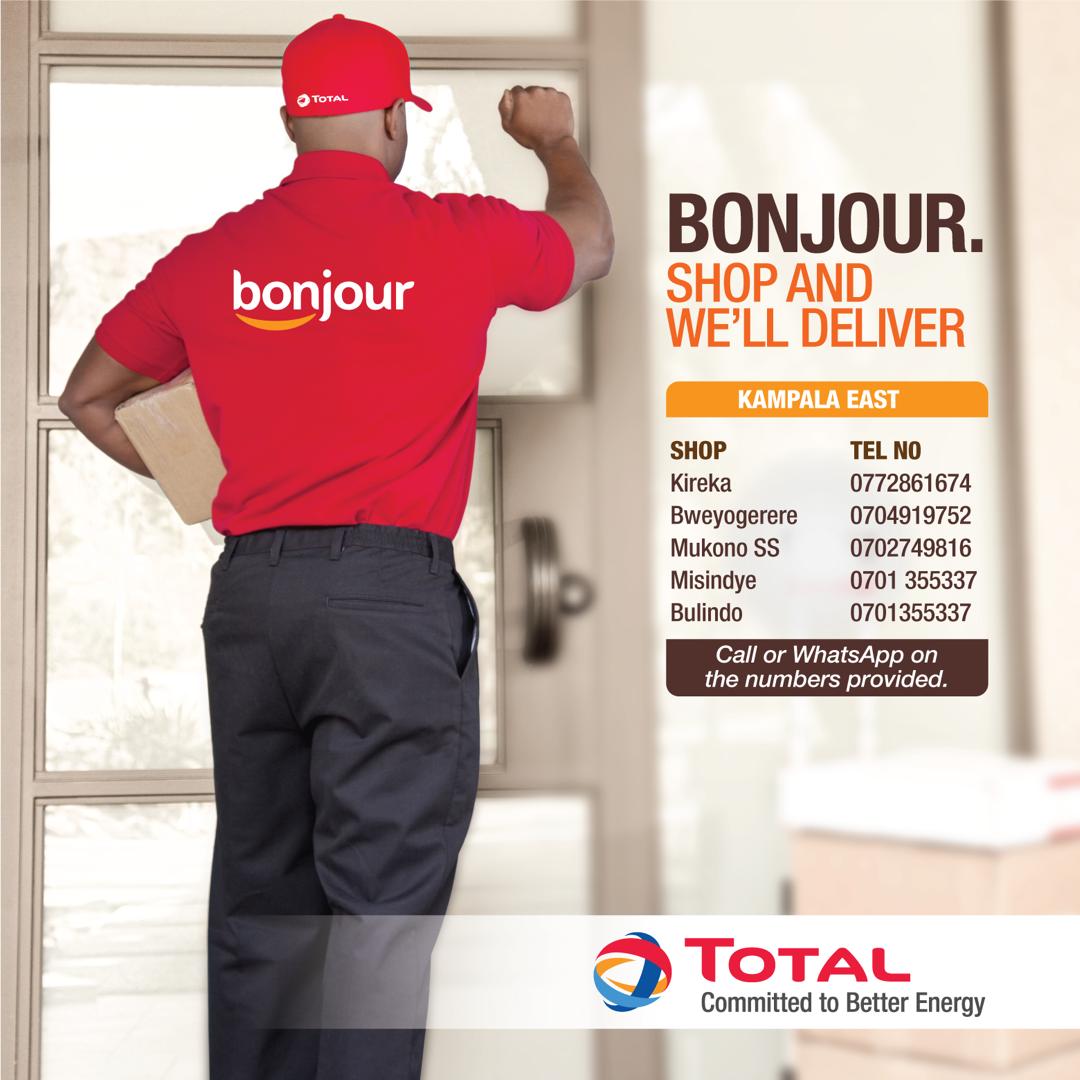 TotalEnergiesUG's tweet photo. Need to stock up groceries, drinks, snacks & other household items? TOTAL has got you covered with doorstep delivery from our Bonjour shops.
👉Make a shopping list
👉Call a #TOTALShop nearest to you
👉 Payment can be through mobile money or cash on delivery
#STAYSAFEUG https://t.co/4ImCuV1Tlb
