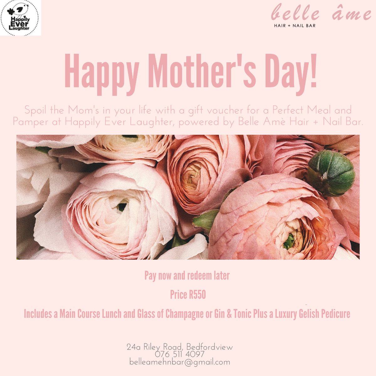 happilylaughter's tweet photo. Spoil the lady in your life this #MothersDay with a meal &amp; pamper voucher from Belle Âme Hair + Nail Bar who will soon be waving their magic beauty wands at Happily Ever Laughter! 💖💅🏽 076 511 4097 or belleamehnbar@gmail.com 

#HappilyEverLaughter #BelleAme #Bedfordview https://t.co/HnY0uSytKR