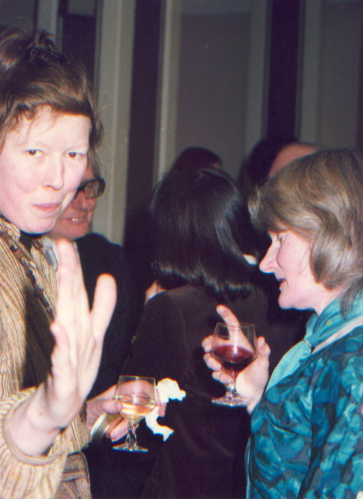 Delia Derbyshire and Daphne Oram having a drink at a party.