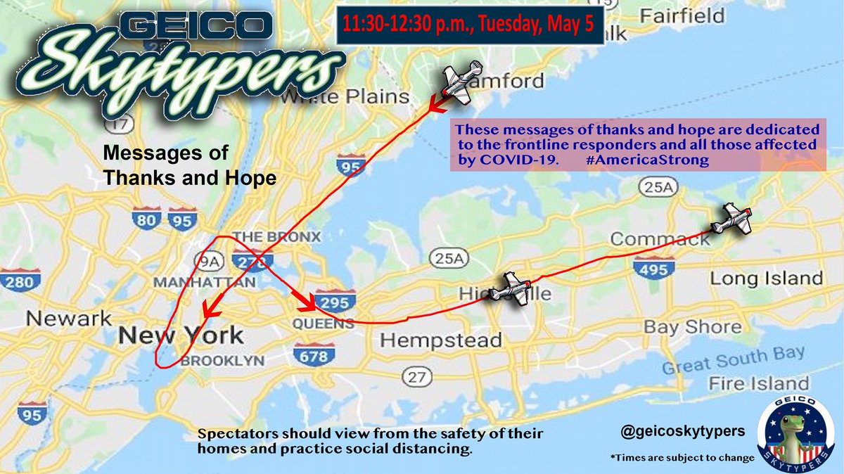 Military_Flight's tweet photo. #NEWYORKCITY | Five historic #SNJ2 Navy aircraft of the GEICO Skytypers #Airshow Team will perform a flyover salute to healthcare workers next hour.
The squadron will flyover metro #NewYork, and over to Long Island starting at 11:30 EDT.
Look for some skytyping along the way. https://t.co/4jlgWV4xMt