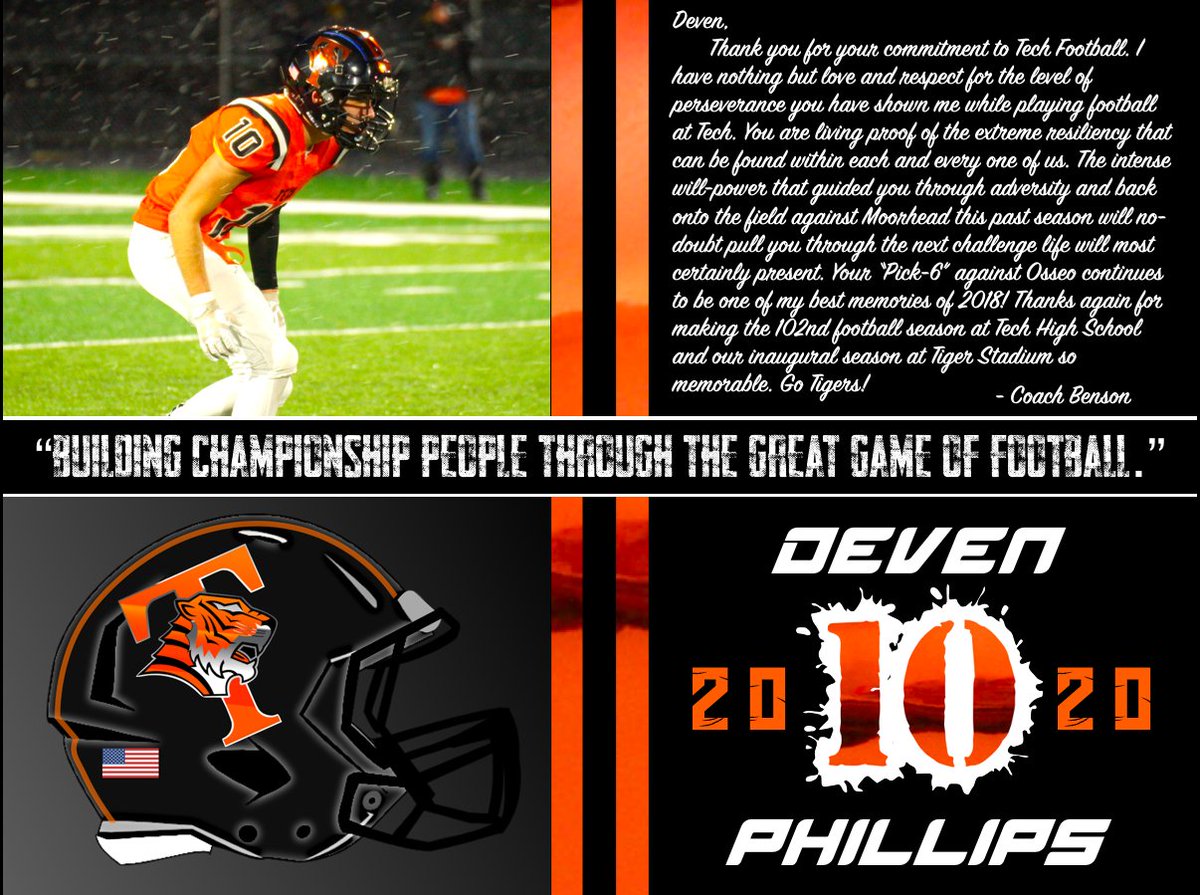 techtigerfb's tweet photo. Today we continue honoring our 2020 Tech Football Seniors. We will celebrate one of these "Championship People" every day until May 25th. Today we recognize the contributions of #10 Deven Phillips. #efforthabit @isd742 @TechTigerAD @devenphillips10 https://t.co/T5x8QIr4ji