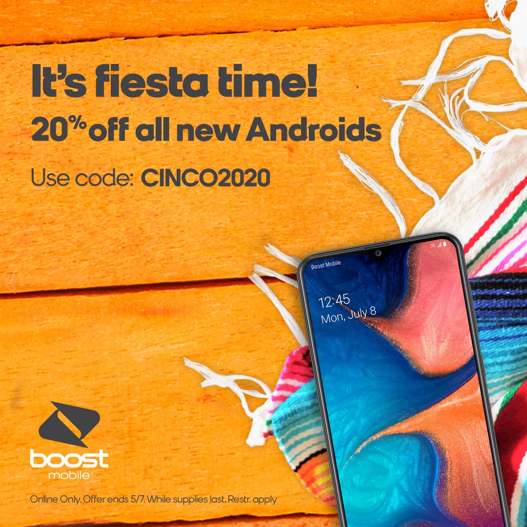 boostmobile's tweet photo. Here's a #CincoDeMayo deal to taco bout! ๐ฎ
Take 20% off all new Androids when you use code: CINCO2020. Offer ends 5/7. Online only. https://t.co/KDOFWUZ3pc https://t.co/9lb8ql6YfH