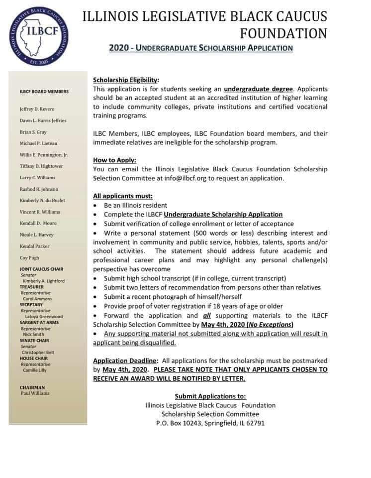 LmarieAsad's tweet photo. @RepSonyaHarper Due to the #COVID19 Pandemic, the 2020 Illinois Legislative Black Caucus Foundation Scholarship deadline has been extended to June 4th, 2020.
#Classof2020🎓
#Illinois
#ILBCF
#Scholarship via @LLCoolK_4
@ElgieSims @RepSonyaHarper @RepChrisWelch @SenHarrisIL
https://t.co/S9HYurNcH3 https://t.co/zDx0EpTi53