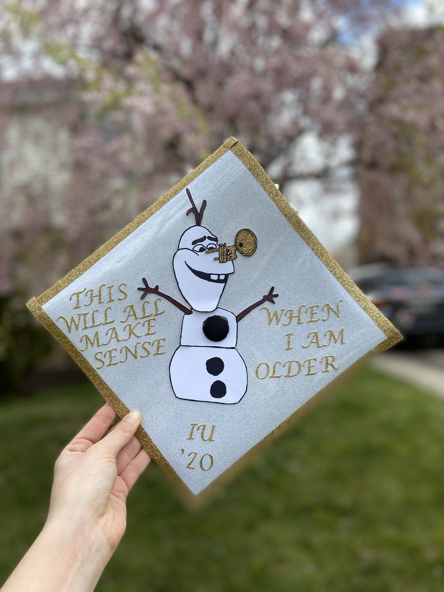 Kayladancer16's tweet photo. The cancellation of the DCP broke my heart, but trumpet Olaf on my grad cap (I’m a trumpet performance major) put it back together. Thankful for 4 years at IU 💕 ☃️
@joshgad @DisneyInterns @ChristyRecruit @IUBloomington #IUBGrad2020 #IUBGradCap20 #iu200 https://t.co/Yc3NFZlegK