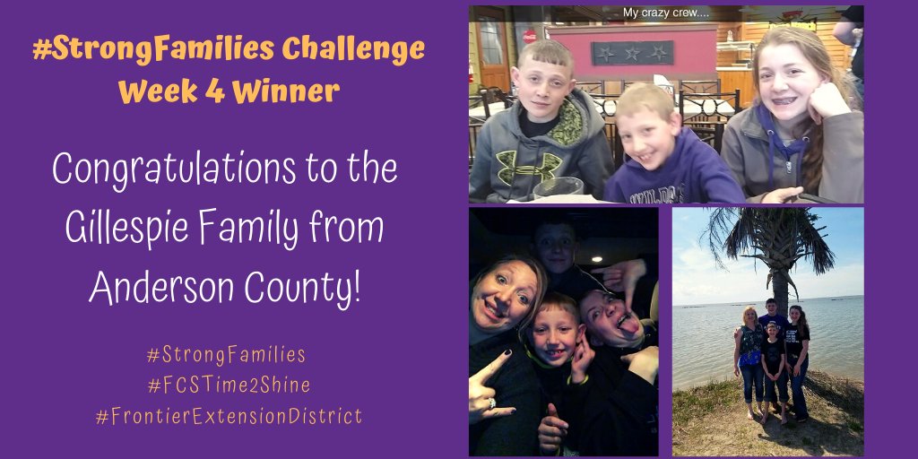 The winners of the #StrongFamilies Challenge - Appreciation & Affection - Week 4 is the Gillespie Family.  For more information about the winners and this week's challenge, please go to frontierdistrict.k-state.edu/family/strong-…

#FCSTime2Shine