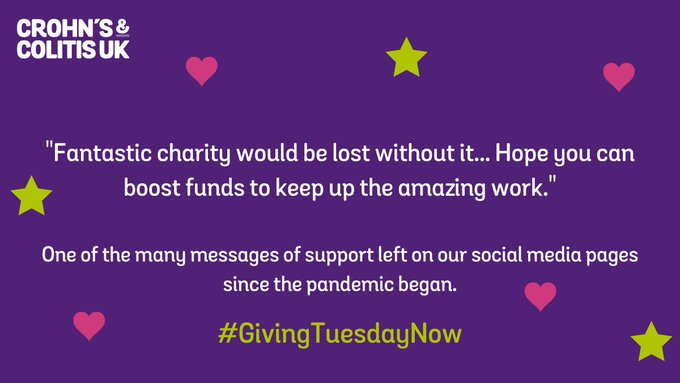CrohnsColitisUK's tweet photo. @JustGiving here for everyone with #crohns #colitis https://t.co/BQD3HTYC5M #GivingTuesdayNow https://t.co/9uan1QdC8I